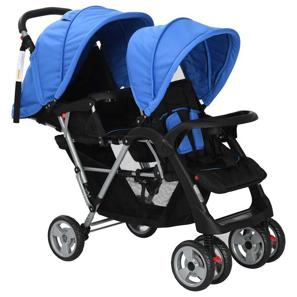vidaXL Passeggino Gemellare a Tandem in Acciaio Blu e Nero