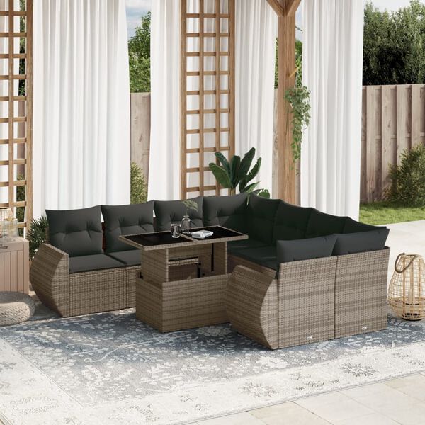 vidaXL Set Divano da Giardino 9 pz con Cuscini Grigio in Polyrattan