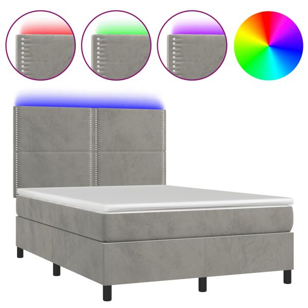 vidaXL Letto a Molle Materasso e LED Grigio Chiaro 140x190 cm Velluto