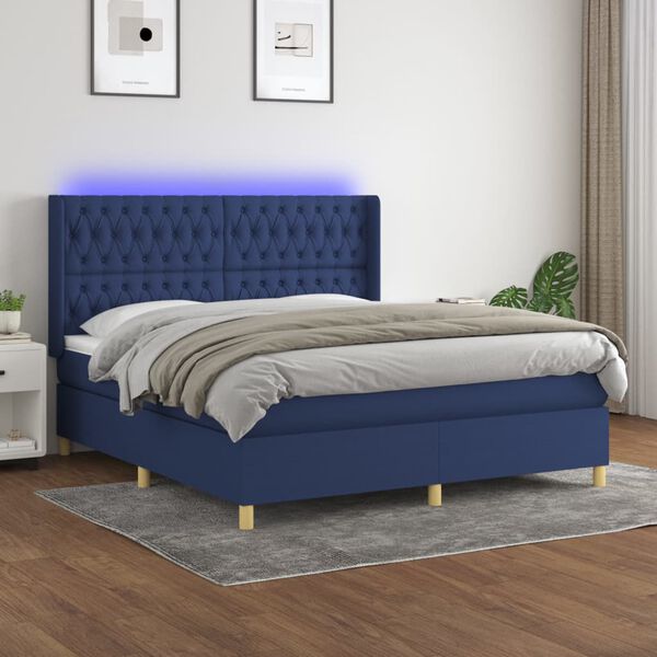 vidaXL Letto a Molle con Materasso e LED Blu 160x200 cm in Tessuto