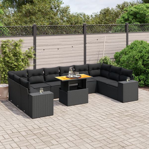 vidaXL Set Divani da Giardino 11 pz con Cuscini in Polyrattan Nero