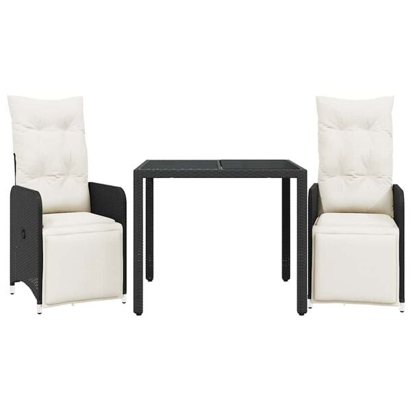 vidaXL Set Bistr&ograve; da Giardino 3 pz con Cuscini in Polyrattan Nero
