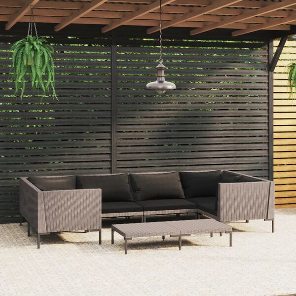 vidaXL Set Divani da Giardino 7 pz con Cuscini Polyrattan Grigio Scuro