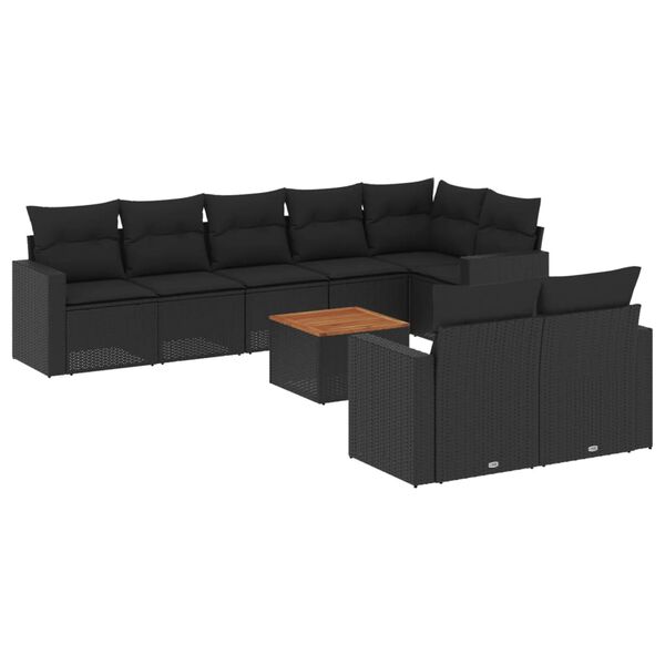vidaXL Set Divani da Giardino 9 pz con Cuscini Nero in Polyrattan