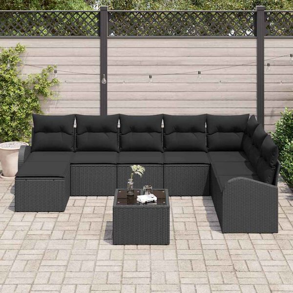 vidaXL Set Divano da Giardino con cuscino 9 pcs Nero Poly Rattan