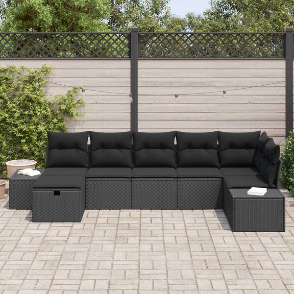 vidaXL Set Divano da Giardino con cuscino 7 pcs Nero polyrattan