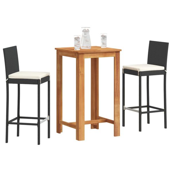 vidaXL Set Bar da Giardino 3 pz Nero in Legno Acacia e Polyrattan