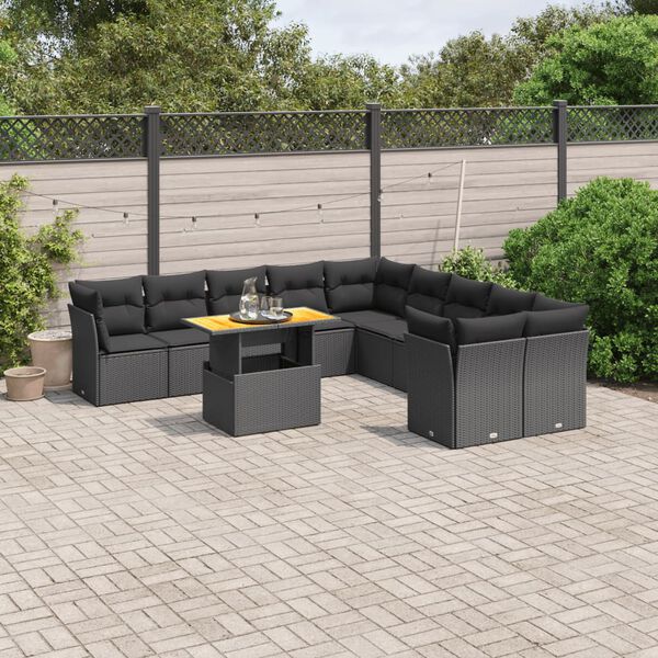 vidaXL Set Divani da Giardino 11 pz con Cuscini in Polyrattan Nero