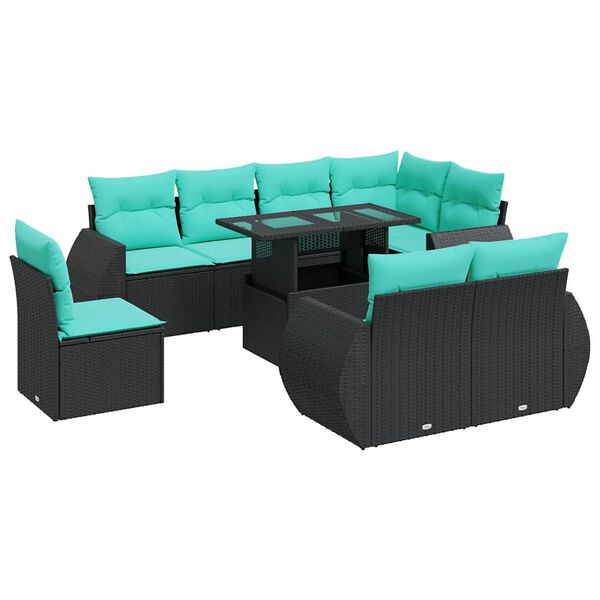 vidaXL Set Divani da Giardino 9 pz con Cuscini Nero Polyrattan Acacia