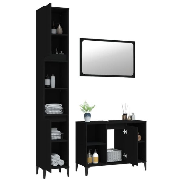 vidaXL Set Mobili da Bagno 3 pz Nero in Legno Multistrato