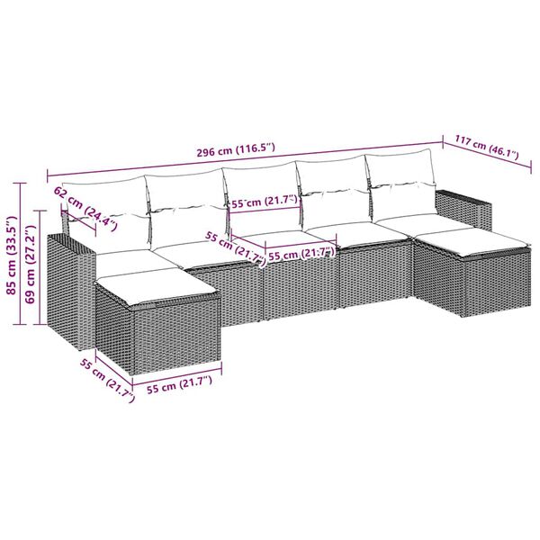 vidaXL Set Divani da Giardino 7 pz con Cuscini Marrone in Polyrattan