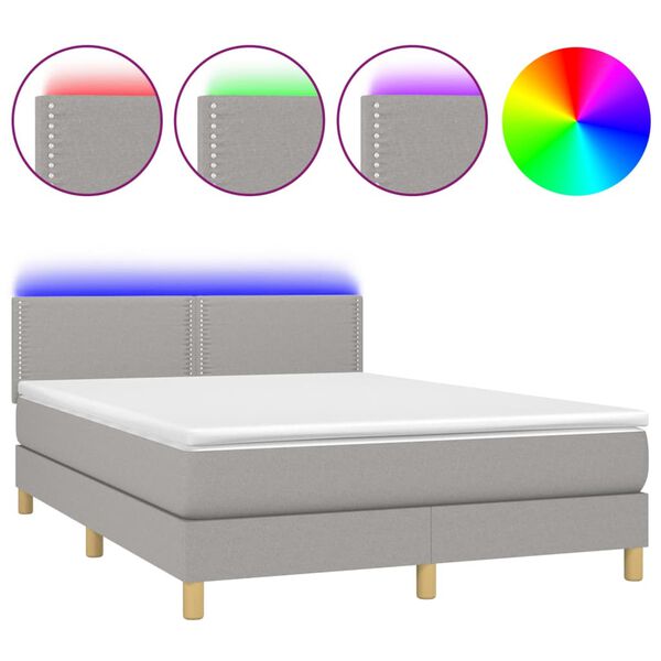 vidaXL Letto a Molle Materasso e LED Grigio Chiaro 140x200 cm Tessuto