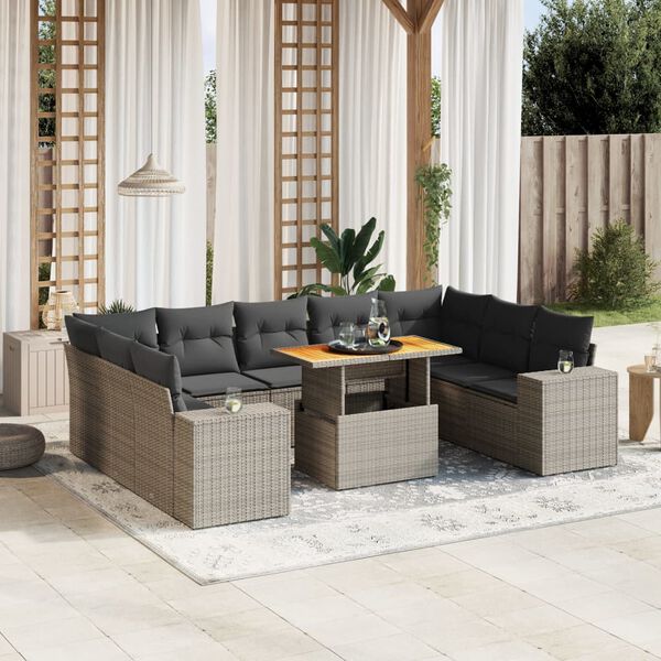 vidaXL Set Divano da Giardino 10 pz con Cuscini Grigio in Polyrattan