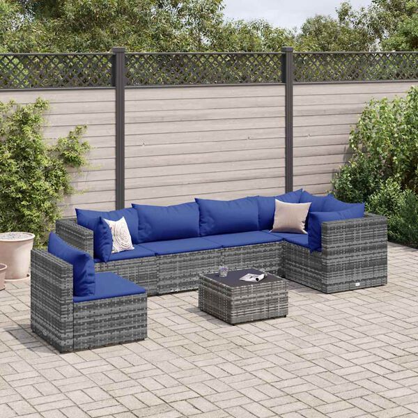 vidaXL Set Divani da Giardino 7 pz con Cuscini in Polyrattan Grigio