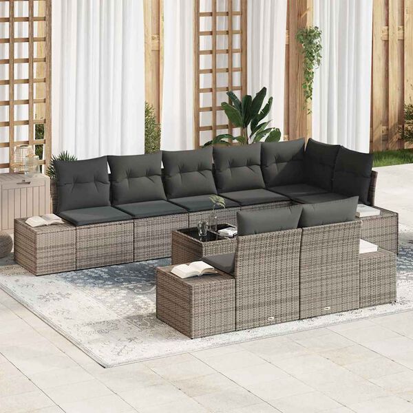 vidaXL Set Divano da Giardino con cuscino 9 pcs Grigio polyrattan
