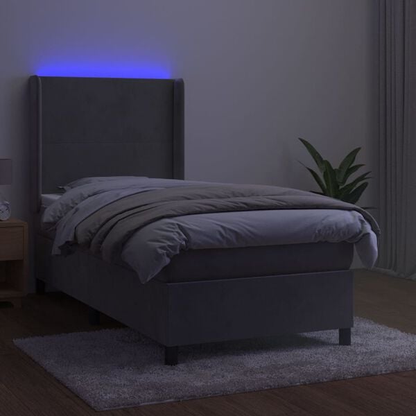 vidaXL Letto a Molle Materasso e LED Grigio Chiaro 100x200 cm Velluto
