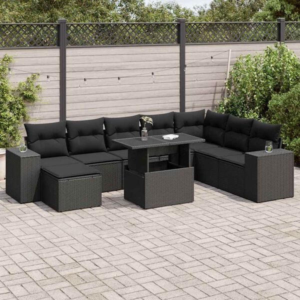 vidaXL Set Divani da Giardino 9 pz con Cuscini Nero in Polyrattan