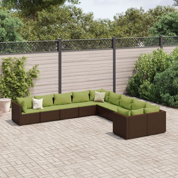 vidaXL Set Divani da Giardino 10pz con Cuscini in Polyrattan Marrone