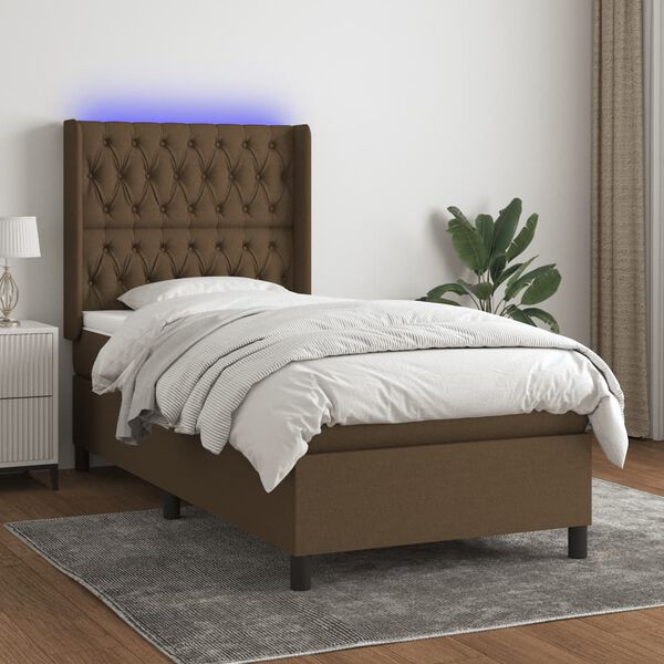 vidaXL Letto a Molle Materasso e LED Marrone Scuro 100x200 cm Tessuto