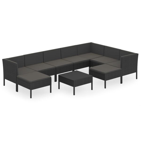 vidaXL Set Divani da Giardino 10 pz con Cuscini in Polyrattan Nero