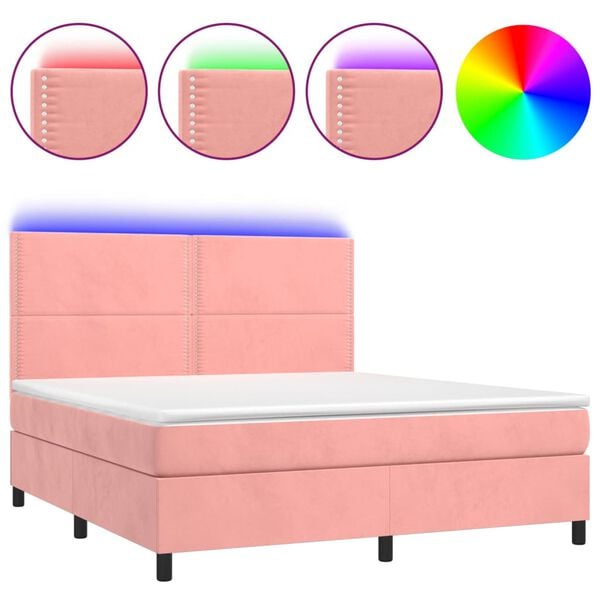 vidaXL Letto a Molle con Materasso e LED Rosa 180x200 cm in Velluto