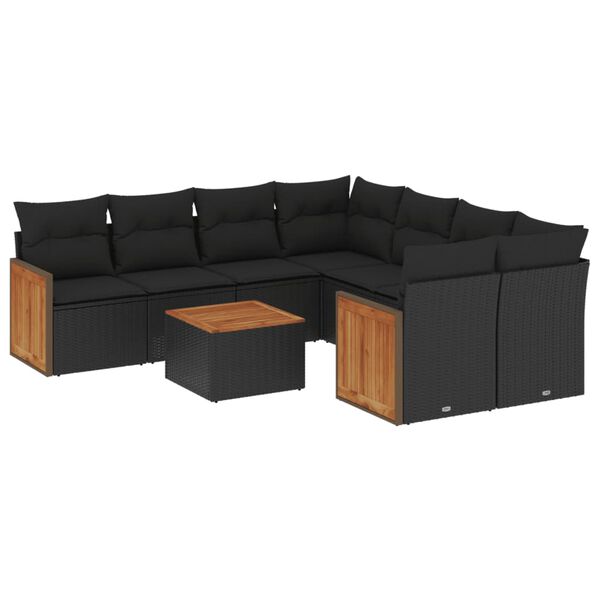 vidaXL Set Divani da Giardino 9 pz con Cuscini Nero in Polyrattan