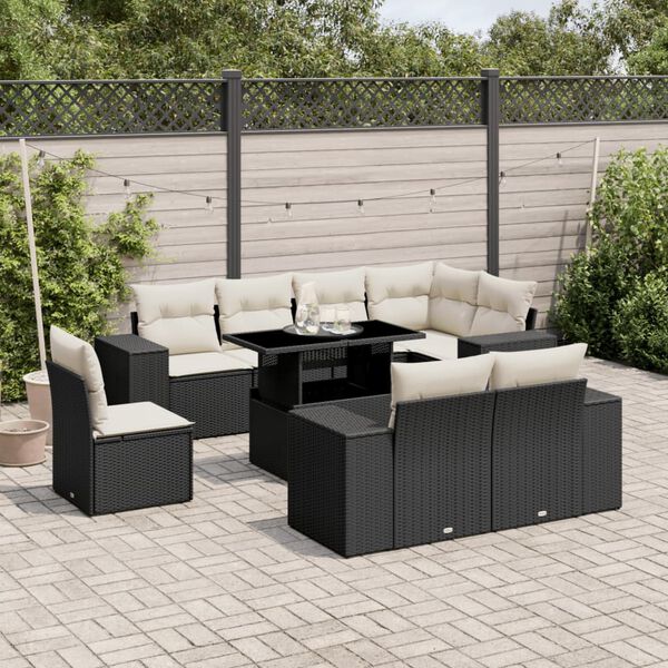 vidaXL Set Divani da Giardino 9 pz con Cuscini Nero in Polyrattan