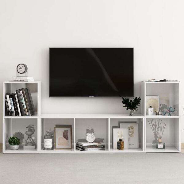 vidaXL Set Mobile TV 3 pz Bianco Lucido in Legno Multistrato