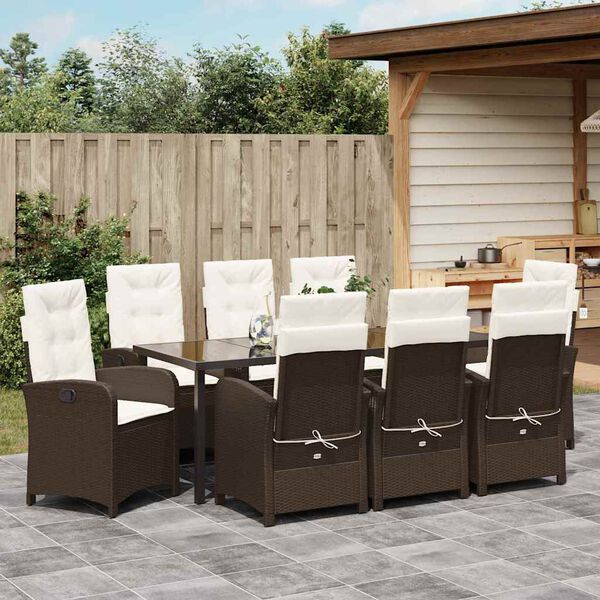 vidaXL Set da Pranzo per Giardino con cuscino 9 pcs Marrone polyrattan