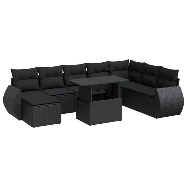 vidaXL Set Divani da Giardino 9 pz con Cuscini Nero in Polyrattan