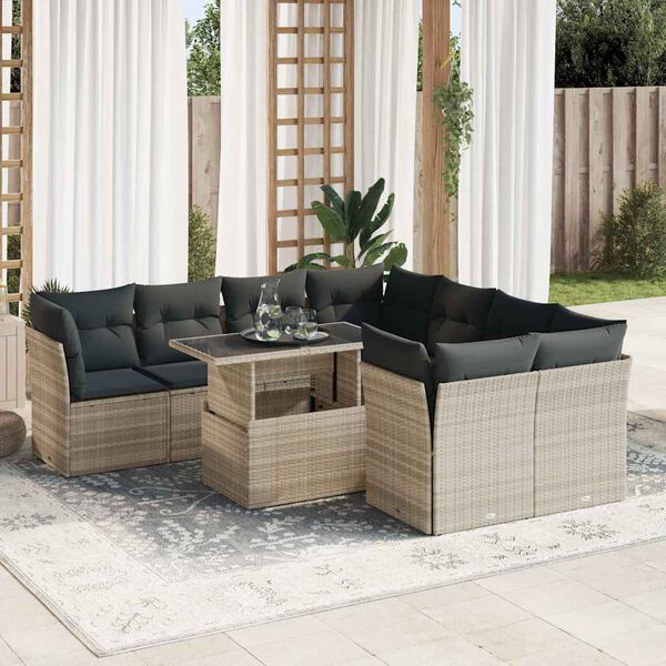vidaXL Set Divano da Giardino 9pz con Cuscini Grigio Chiaro Polyrattan