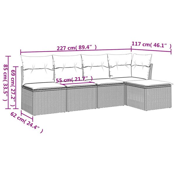 vidaXL Set Divano da Giardino 5pz con Cuscini Grigio Chiaro Polyrattan