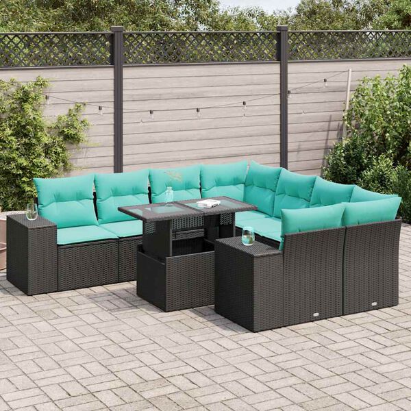 vidaXL Set Divani da Giardino 9 pz con Cuscini Nero Polyrattan Acacia