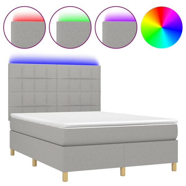 vidaXL Letto a Molle Materasso e LED Grigio Chiaro 140x200 cm Tessuto