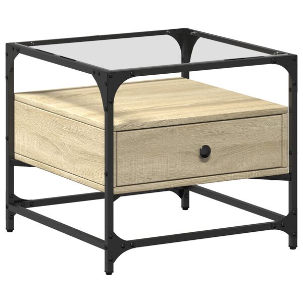vidaXL Tavolino con Piano in Vetro Rovere Sonoma 50x50x45 cm Acciaio