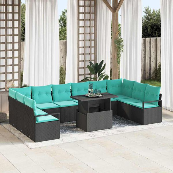 vidaXL Set Divano da Giardino con cuscino 11 pcs Nero e blu polyrattan