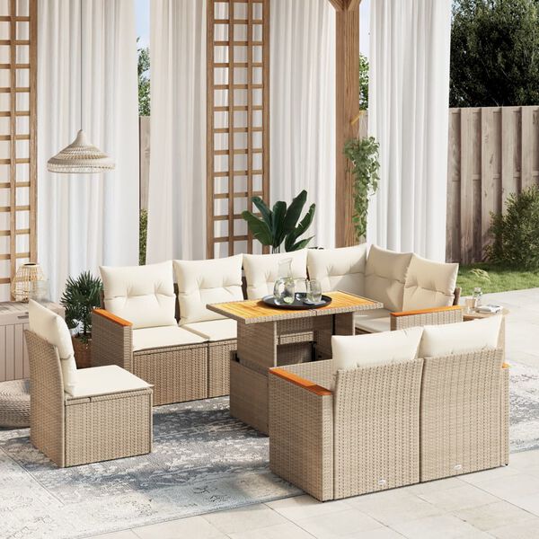vidaXL Set Divano da Giardino 9 pz con Cuscini Beige in Polyrattan