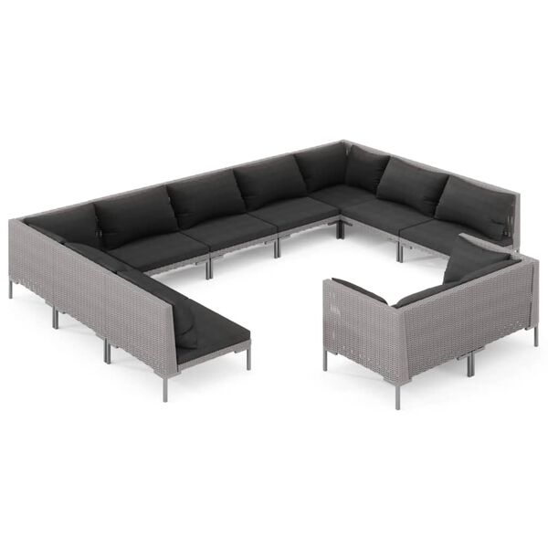 vidaXL Divani da Giardino 11 pz con Cuscini in Polyrattan Grigio Scuro