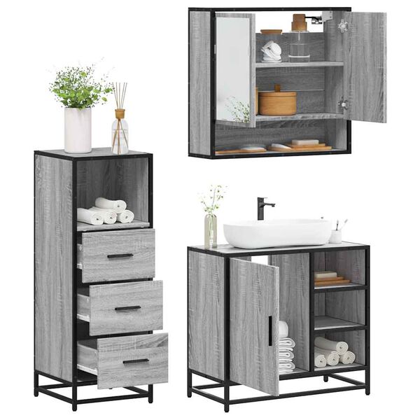 vidaXL Set Mobili da Bagno 3 pz Grigio Sonoma in Legno Multistrato