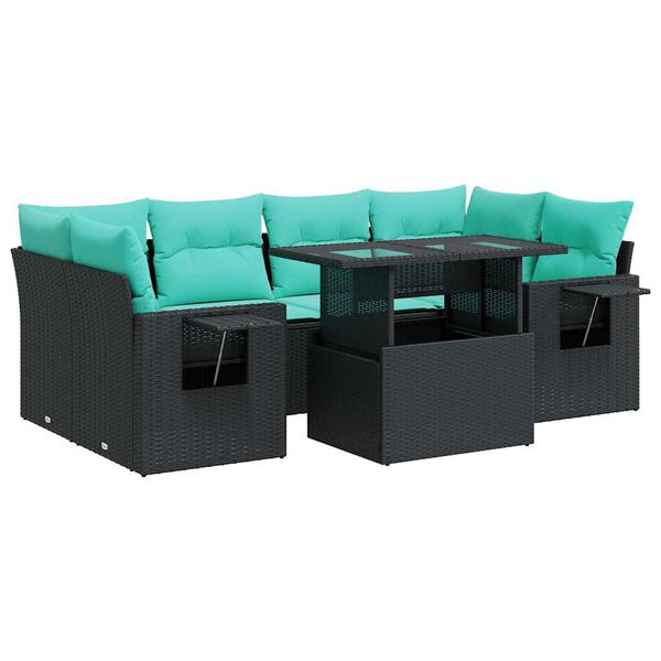vidaXL Set Divani Giardino 7 pz con Cuscini Nero Polyrattan Acacia