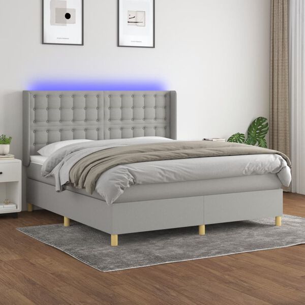 vidaXL Letto a Molle Materasso e LED Grigio Chiaro 160x200 cm Tessuto