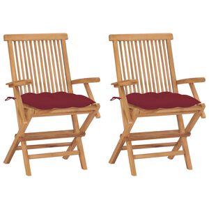 vidaXL Sedie pieghevoli con cuscini color rosso vino, 2 pezzi, in legno massello di teak.