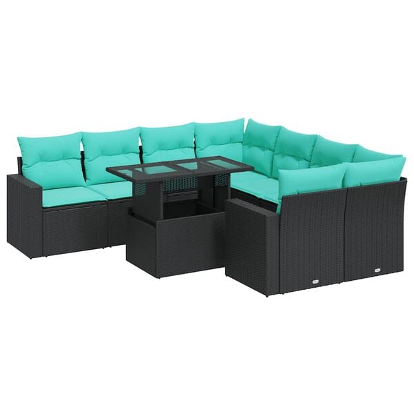 vidaXL Set Divani da Giardino 9 pz con Cuscini Nero Polyrattan Acacia