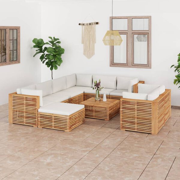 vidaXL Set Divani da Giardino 10 pz con Cuscini Crema in Legno di Teak