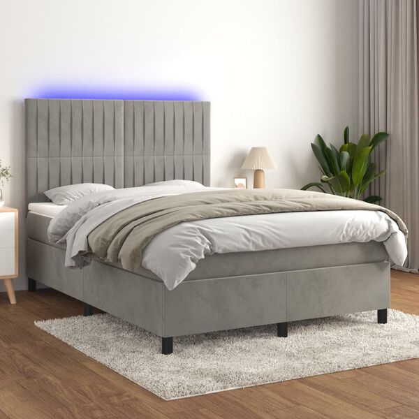 vidaXL Letto a Molle Materasso e LED Grigio Chiaro 140x200 cm Velluto