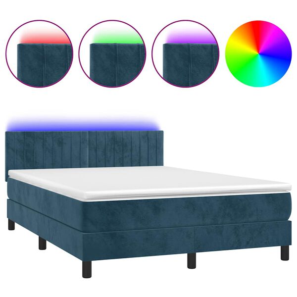 vidaXL Letto a Molle con Materasso e LED Blu Scuro 140x190 cm