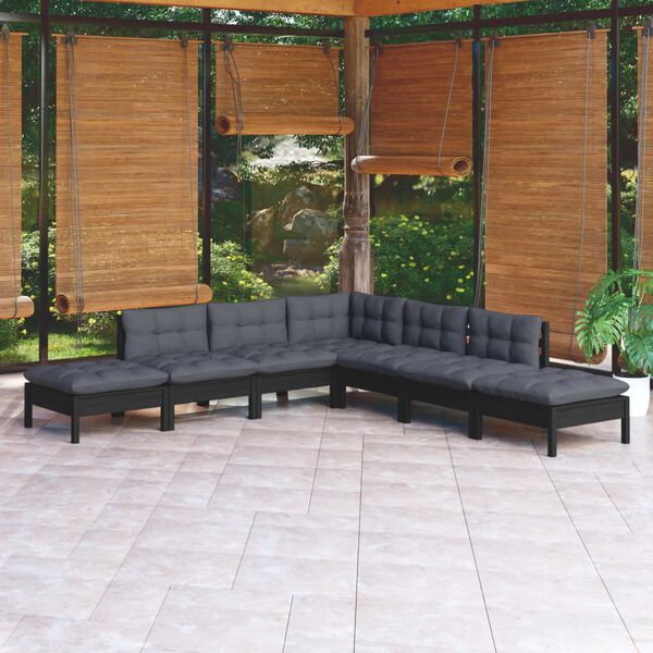 vidaXL Set Divani da Giardino 7 pz con Cuscini Neri Massello di Pino