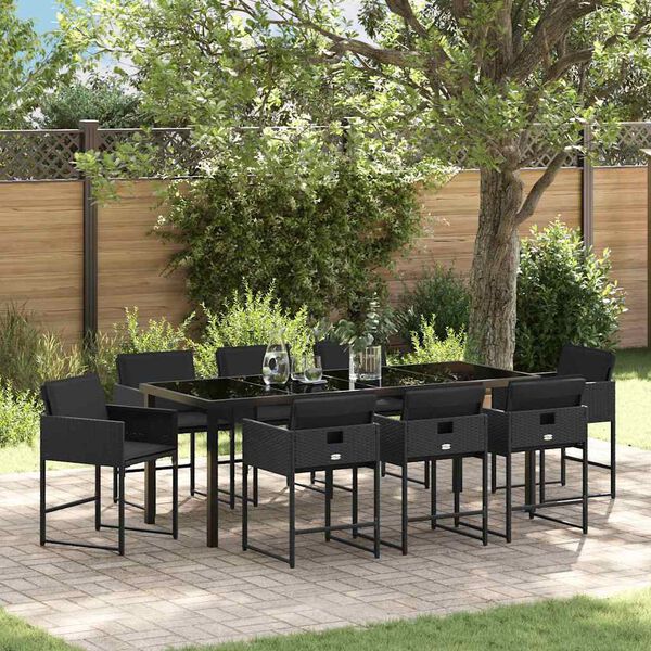 vidaXL Set da Pranzo per Giardino con cuscino 9 pcs Nero polyrattan
