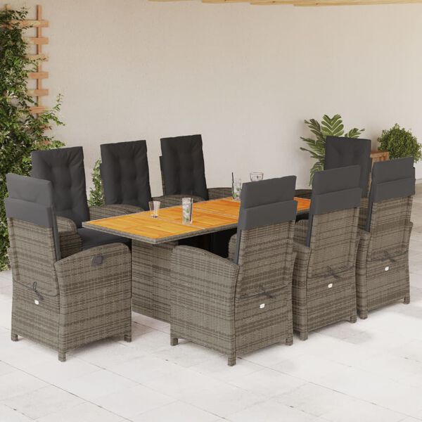 vidaXL Set da Pranzo da Giardino 9 pz con Cuscini in Polyrattan Grigio