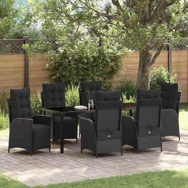 vidaXL Set da Pranzo per Giardino con cuscino 7 pcs Nero polyrattan